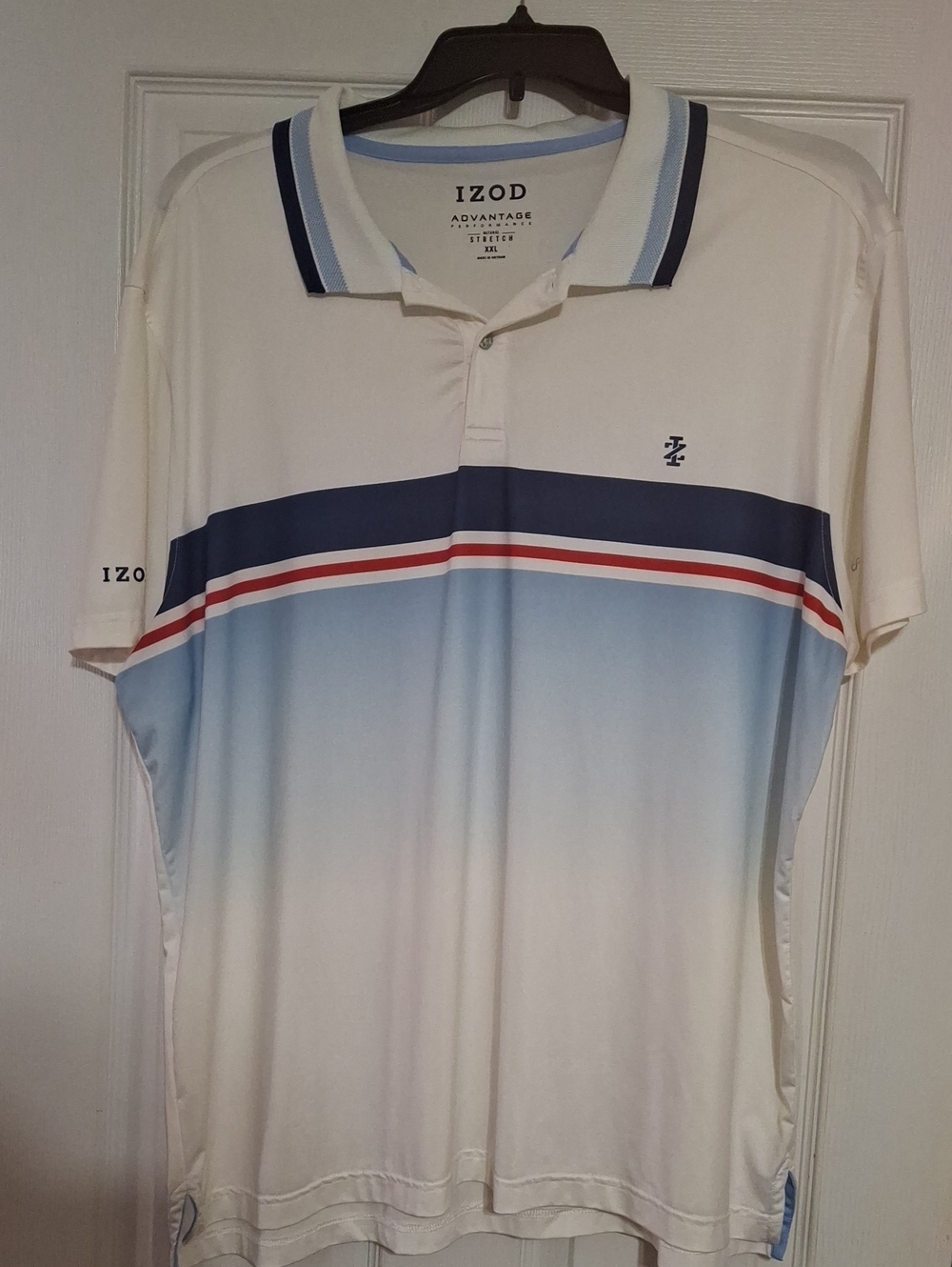Izod Men’s Cream Polo with Blue Gradient and Red-White Stripe